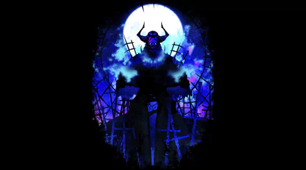HD PC desktop wallpaper featuring King Hassan from Fate/Grand Order in a dark, eerie setting with a glowing full moon and silhouetted crosses in the background.