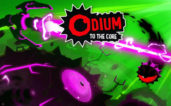 HD desktop wallpaper featuring vibrant Odium to the Core game art with dynamic purple and green hues.