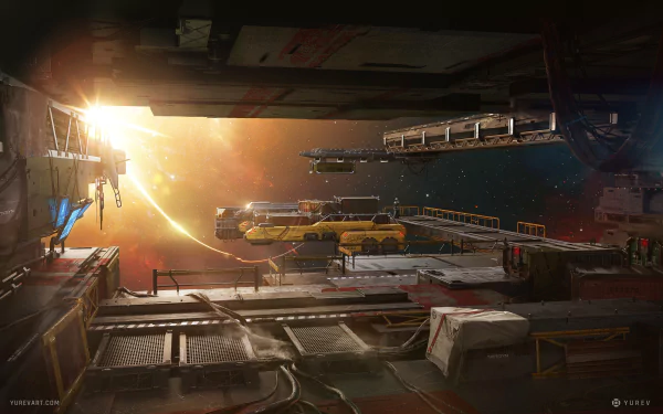 HD PC desktop wallpaper depicting a detailed sci-fi space station interior with sunlight streaming through, set against a cosmic backdrop.