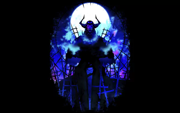 HD PC desktop wallpaper featuring King Hassan from Fate/Grand Order in a dark, eerie setting with a glowing full moon and silhouetted crosses in the background.