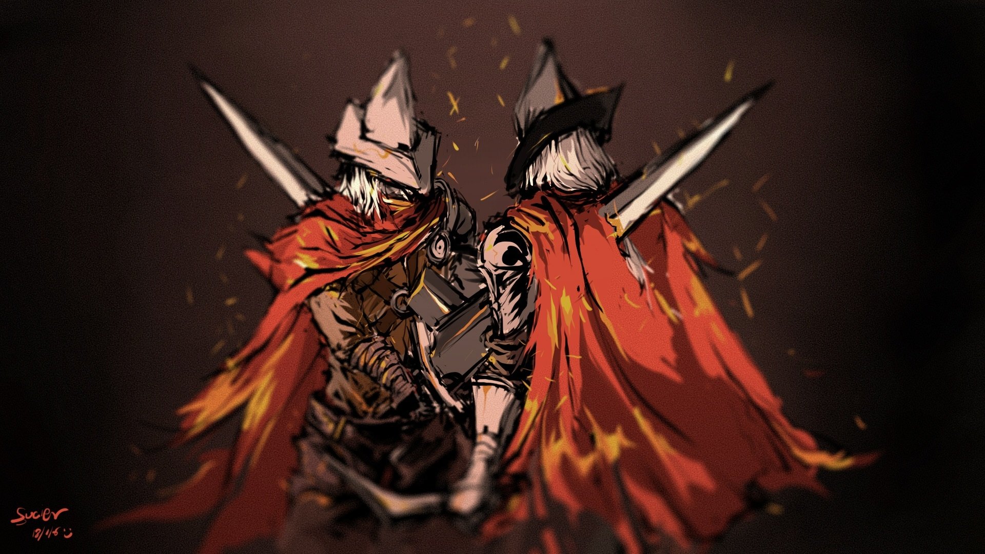 HD PC desktop wallpaper of the Abyss Watchers from Dark Souls III, featuring two armored warriors with swords and flowing red capes in a dark, intense setting.