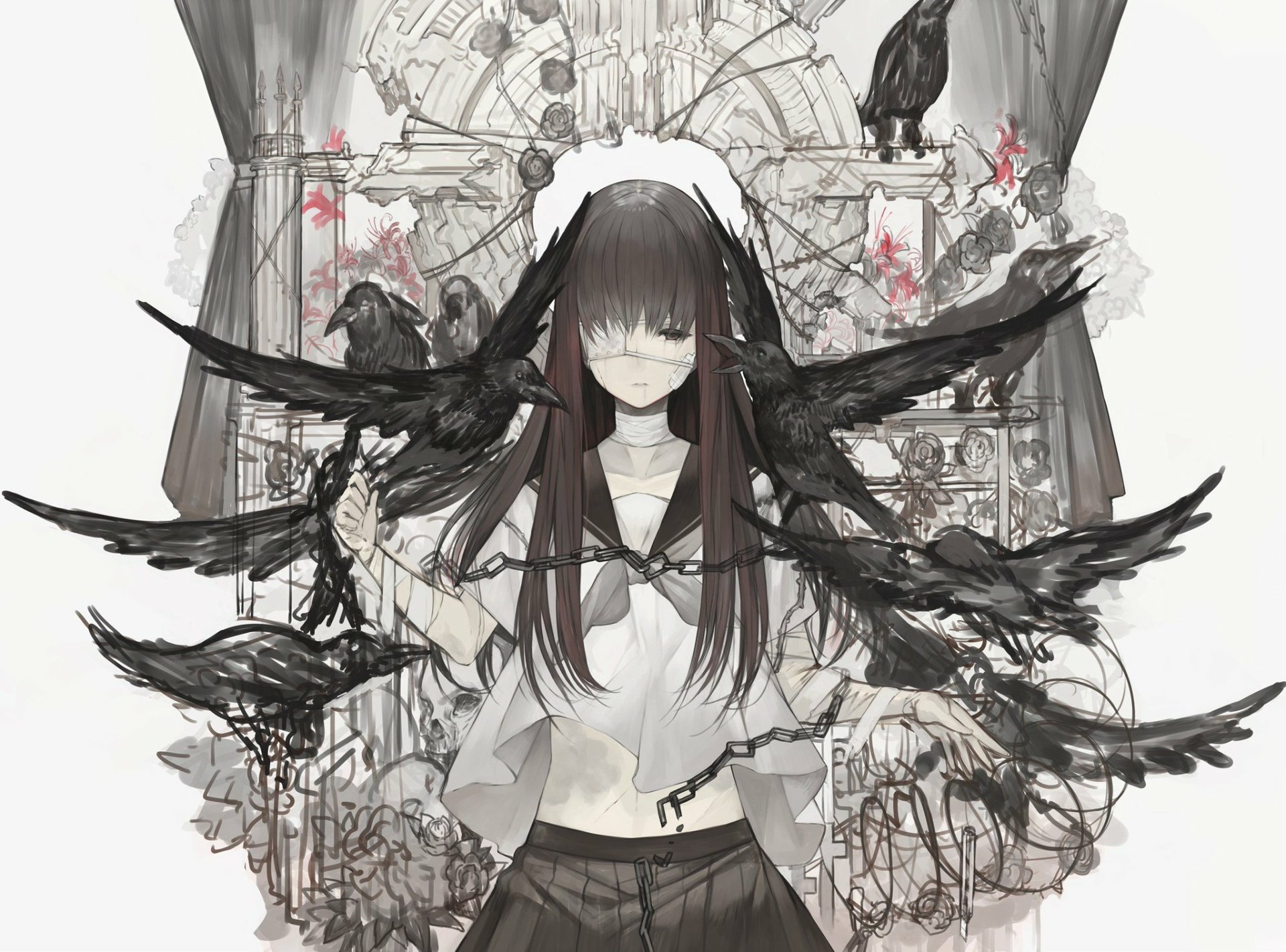 A mysterious anime character with black eyes and long black hair wears a bandage and eye patch, surrounded by dark birds, set against an intricately detailed background.