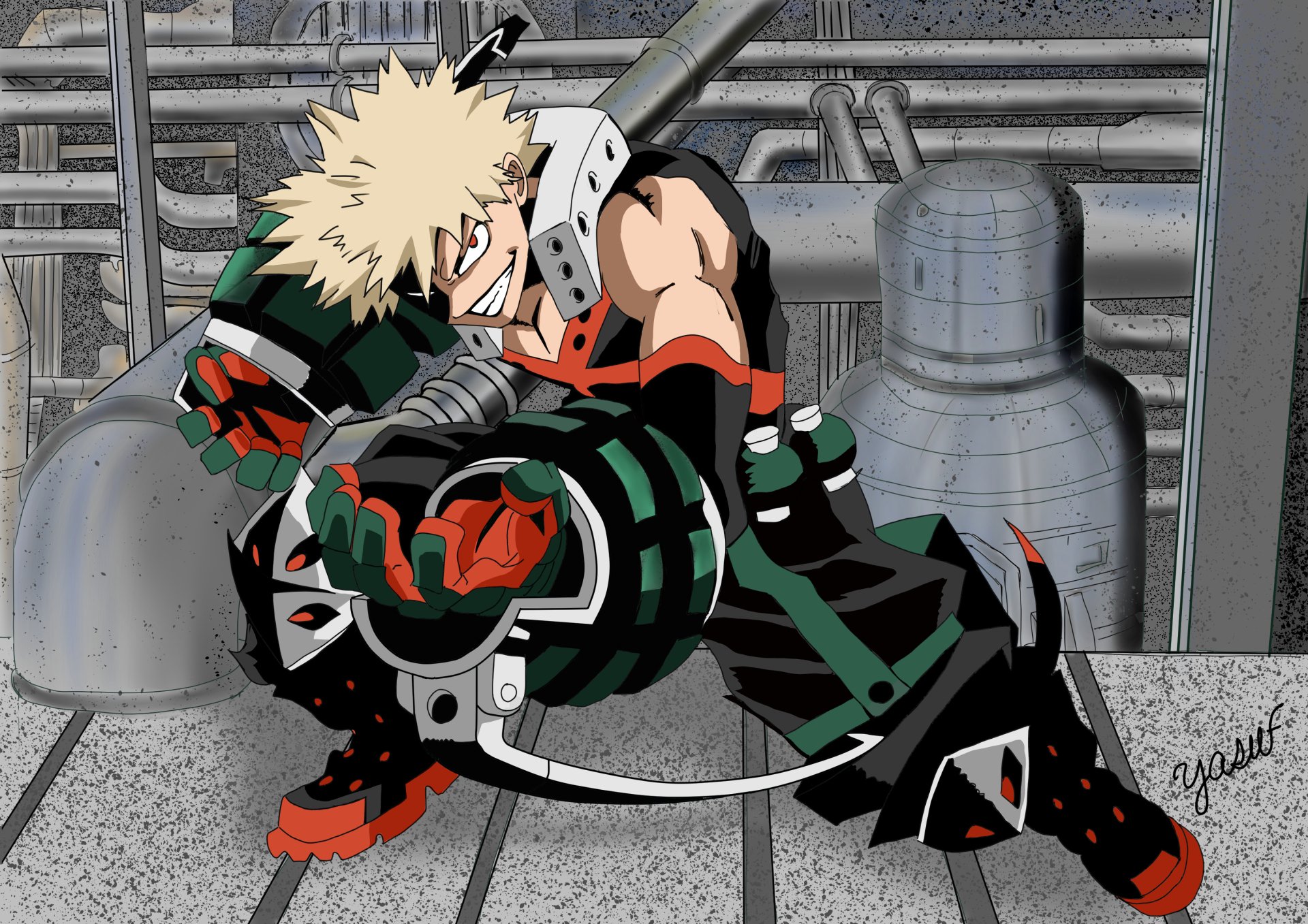 Katsuki Bakugou from My Hero Academia crouching in explosive hero gear against an industrial backdrop — 2K Quad HD PC desktop wallpaper and background.