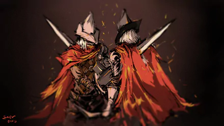 HD PC desktop wallpaper of the Abyss Watchers from Dark Souls III, featuring two armored warriors with swords and flowing red capes in a dark, intense setting.