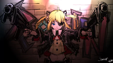 HD PC wallpaper of Skorpion vz. 61 (Girls Frontline): blonde twin‑tailed anime girl wielding twin submachine guns against a lit brick wall.
