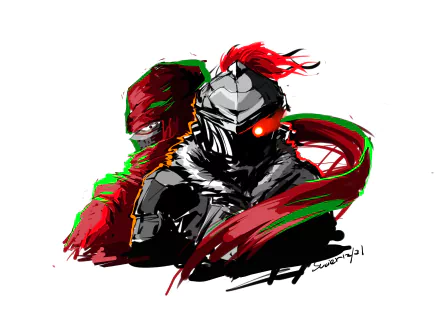 HD anime desktop wallpaper featuring a dynamic crossover of Ninja Slayer and Goblin Slayer characters with bold red and black accents.