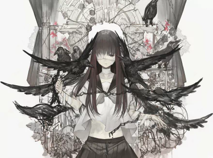 A mysterious anime character with black eyes and long black hair wears a bandage and eye patch, surrounded by dark birds, set against an intricately detailed background.