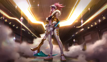 HD desktop wallpaper featuring Akali, a character from the K/DA faction in the video game League of Legends, standing confidently with a weapon in a futuristic, illuminated setting.
