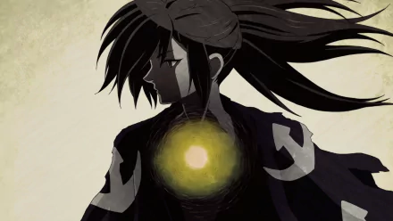 HD wallpaper featuring Hyakkimaru from the anime Dororo, depicted with long black hair and a glowing orb on his chest, set against a textured beige background.