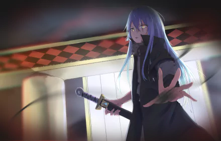 HD wallpaper featuring Rimuru Tempest from the anime That Time I Got Reincarnated as a Slime, showcasing a dynamic pose with a sword in a vibrant, mystical setting.