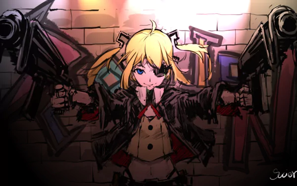 HD PC wallpaper of Skorpion vz. 61 (Girls Frontline): blonde twin‑tailed anime girl wielding twin submachine guns against a lit brick wall.