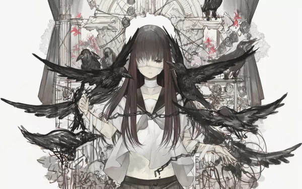 A mysterious anime character with black eyes and long black hair wears a bandage and eye patch, surrounded by dark birds, set against an intricately detailed background.
