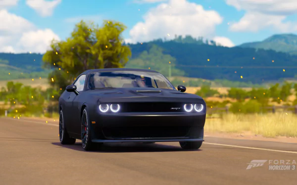 HD PC desktop wallpaper featuring a black Dodge Challenger SRT Hellcat driving in Forza Horizon 3 with a scenic countryside background and blue sky.