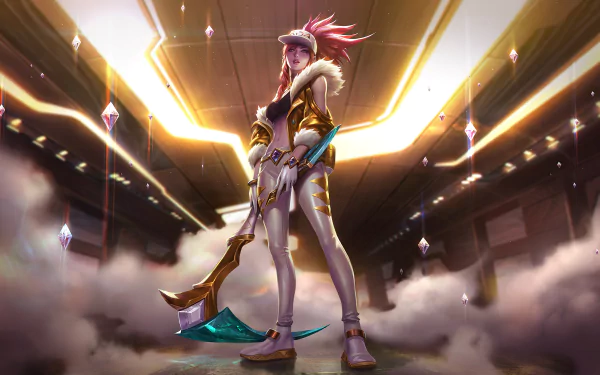 HD desktop wallpaper featuring Akali, a character from the K/DA faction in the video game League of Legends, standing confidently with a weapon in a futuristic, illuminated setting.