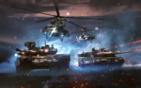 HD PC desktop wallpaper featuring Boeing AH-64 Apache and Mil Mi-35 helicopters alongside Leopard 2 and T-90 tanks in an intense War Thunder video game scene.