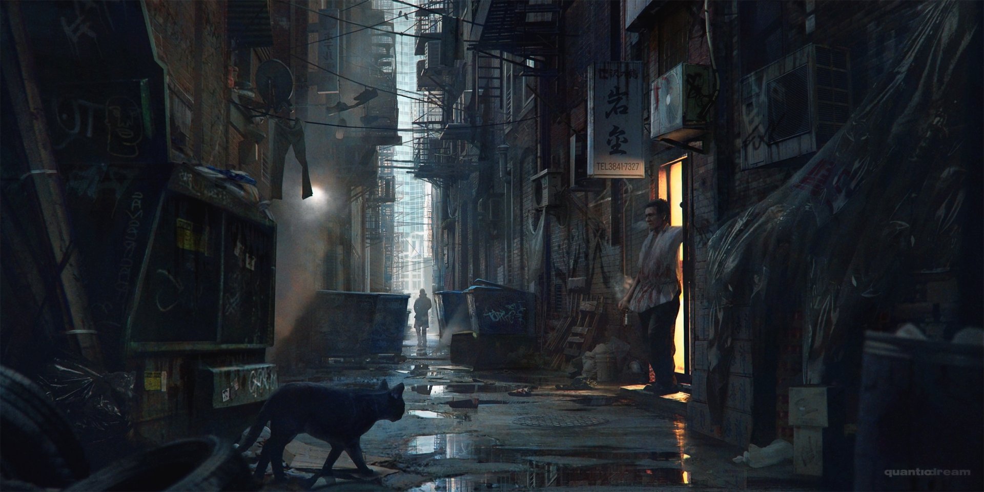 A black cat walks through a dimly lit alley in a futuristic sci-fi city, captured in an HD PC desktop wallpaper and background.