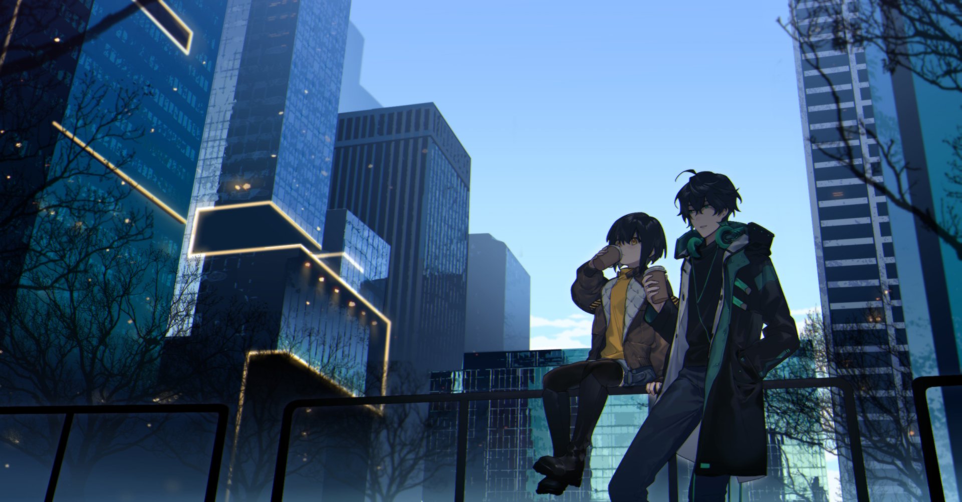 Anime HD desktop wallpaper featuring two characters with black short hair, standing against a backdrop of modern skyscrapers. The artwork gives off a serene and urban vibe.