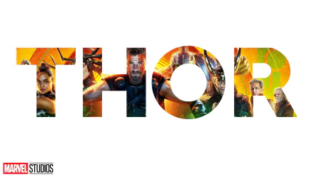 Thor: Ragnarok movie 4K Ultra HD PC desktop wallpaper — bold THOR lettering filled with vibrant portraits of Thor, Valkyrie, Hulk and Loki on a white background, Marvel Studios logo.