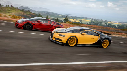Two Bugatti Chiron cars racing on a scenic highway in Forza Horizon 4, rendered in 4K Ultra HD for PC desktop background.
