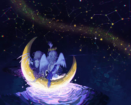 Anime angel with white short hair, horns, wings, and a tail sits on a glowing crescent moon surrounded by stars in a dark, starry night sky background.