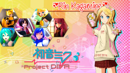 4K Ultra HD PC wallpaper: Rin Kagamine with cupcakes at right, hexagonal portraits of Hatsune Miku, Len Kagamine, Kaito, Luka Megurine and Meiko, Project DIVA logo and pastel music motifs.