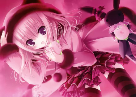 Anime-style original character with blonde short hair, purple eyes, pointed rabbit ears, wearing a hoodie and bow, holding a hamburger in a vibrant 4K Ultra HD wallpaper.