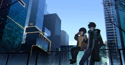 Anime HD desktop wallpaper featuring two characters with black short hair, standing against a backdrop of modern skyscrapers. The artwork gives off a serene and urban vibe.