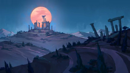 HD fantasy desktop wallpaper depicting ancient ruins silhouetted against a large glowing moon in a mystical, twilight landscape.