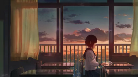 An anime girl with short brown hair sits by a classroom window during sunset, gazing at a flower. The scene features a stunning HD wallpaper background with rich colors and serene atmosphere.