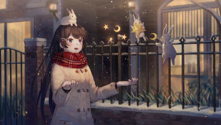 HD anime desktop wallpaper featuring Virtual YouTuber Tsukino Mito in a winter setting, surrounded by glowing stars and floating rabbits under a softly lit evening sky.