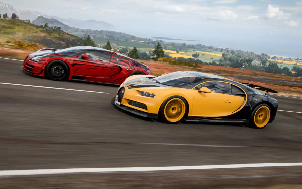 Two Bugatti Chiron cars racing on a scenic highway in Forza Horizon 4, rendered in 4K Ultra HD for PC desktop background.
