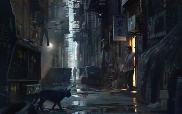 A black cat walks through a dimly lit alley in a futuristic sci-fi city, captured in an HD PC desktop wallpaper and background.