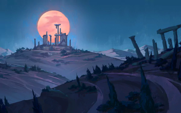 HD fantasy desktop wallpaper depicting ancient ruins silhouetted against a large glowing moon in a mystical, twilight landscape.