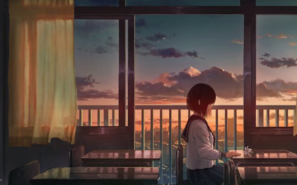 Anime Original Short Hair Brown Hair Flower Sunset HD Wallpaper | Background Image