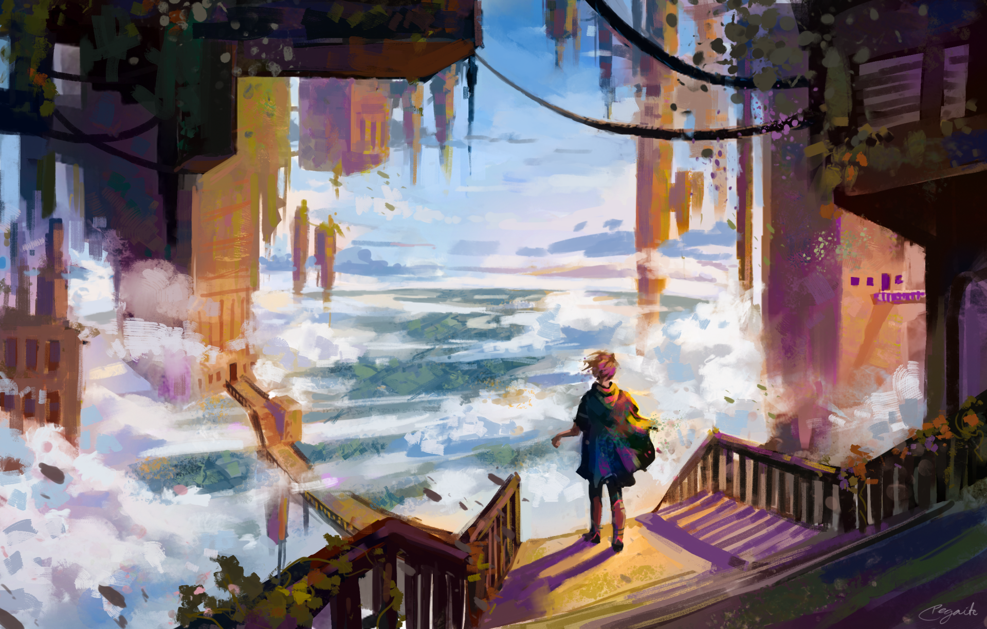 HD fantasy PC desktop wallpaper depicting a woman standing on stairs overlooking a floating island cityscape surrounded by clouds and glowing light.