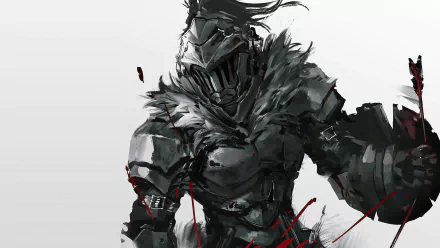 HD desktop wallpaper featuring the anime character Goblin Slayer in detailed armor, striking a dynamic pose with splashes of red accents.