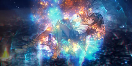 HD wallpaper of original anime art featuring a character with brown eyes, lying amidst a vibrant, cosmic backdrop of blue and orange hues.