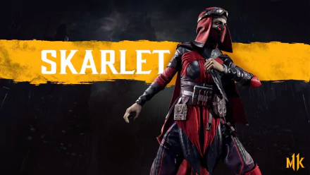 HD PC desktop wallpaper featuring Skarlet from Mortal Kombat 11, showcasing the character in detailed red and black combat gear against a dark background with bold yellow text.