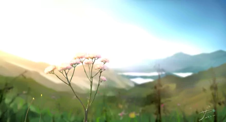 Anime-style HD desktop wallpaper featuring a serene forest with delicate flowers, sunrise over mountains, and a clear sky, capturing vibrant natural scenery.