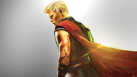 4K Ultra HD comic-style artwork of Thor from Thor: Ragnarok, featuring the hero with a flowing red cape against a bright, minimal background.