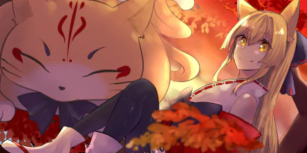 HD anime PC desktop wallpaper featuring an original character with golden eyes sitting beside a large fox mask, surrounded by warm autumn foliage.