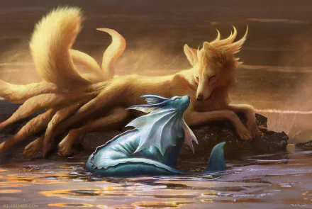A serene 4K Ultra HD anime-style wallpaper featuring Ninetales resting on a rock and Vaporeon emerging from the water, against a warm, golden background.