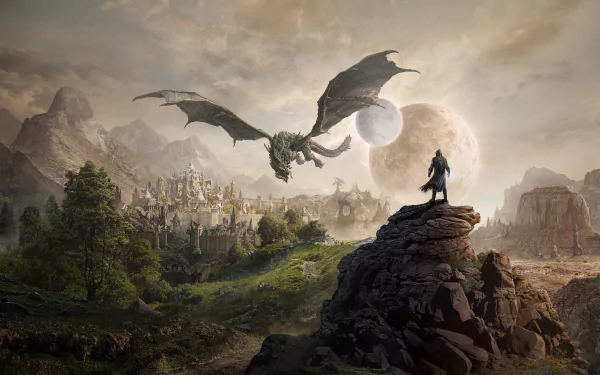A HD wallpaper of The Elder Scrolls Online featuring a dragon flying over a castle with two moons in the sky, and a lone figure standing on a rock.