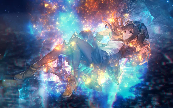 HD wallpaper of original anime art featuring a character with brown eyes, lying amidst a vibrant, cosmic backdrop of blue and orange hues.