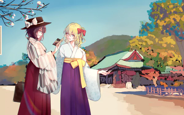 HD PC desktop wallpaper featuring Renko Usami and Maribel Hearn from Touhou, set against a serene, colorful autumn shrine backdrop in anime style.
