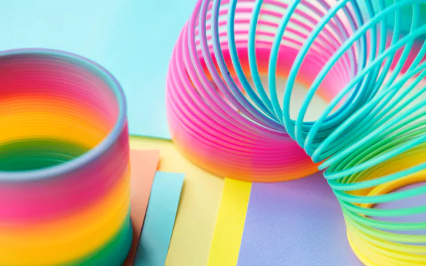 Colorful pastel slinky toy in blue, yellow, and pink hues displayed against an abstract rainbow background, designed as an HD PC desktop wallpaper.