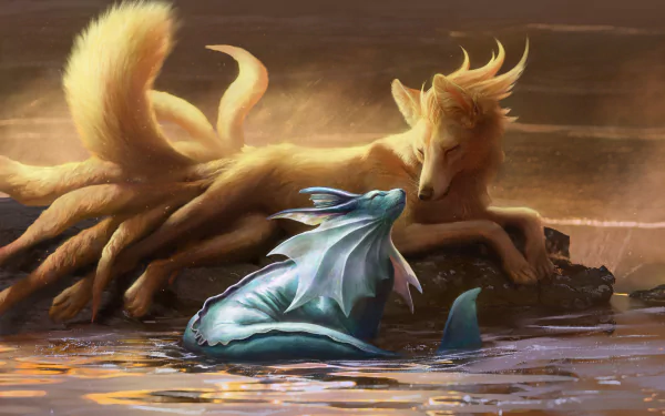 A serene 4K Ultra HD anime-style wallpaper featuring Ninetales resting on a rock and Vaporeon emerging from the water, against a warm, golden background.