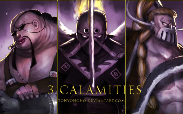 HD PC desktop wallpaper featuring the three Calamities—Queen, King, and Jack—from the anime One Piece in a dramatic, intense style.