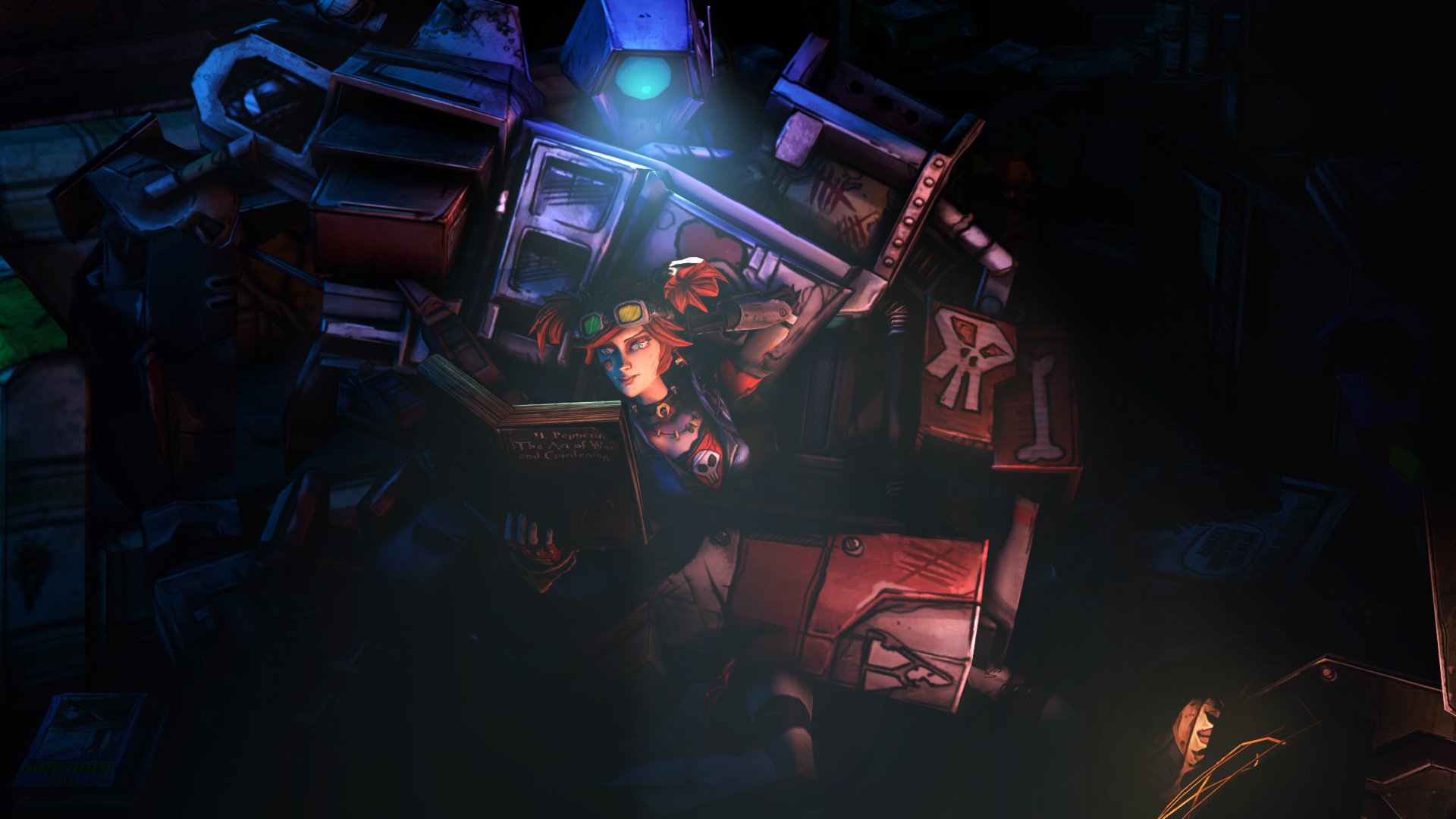 Gaige (Borderlands) beside a battered mech in moody blue-red light — Borderlands 2 video game HD PC desktop wallpaper/background.