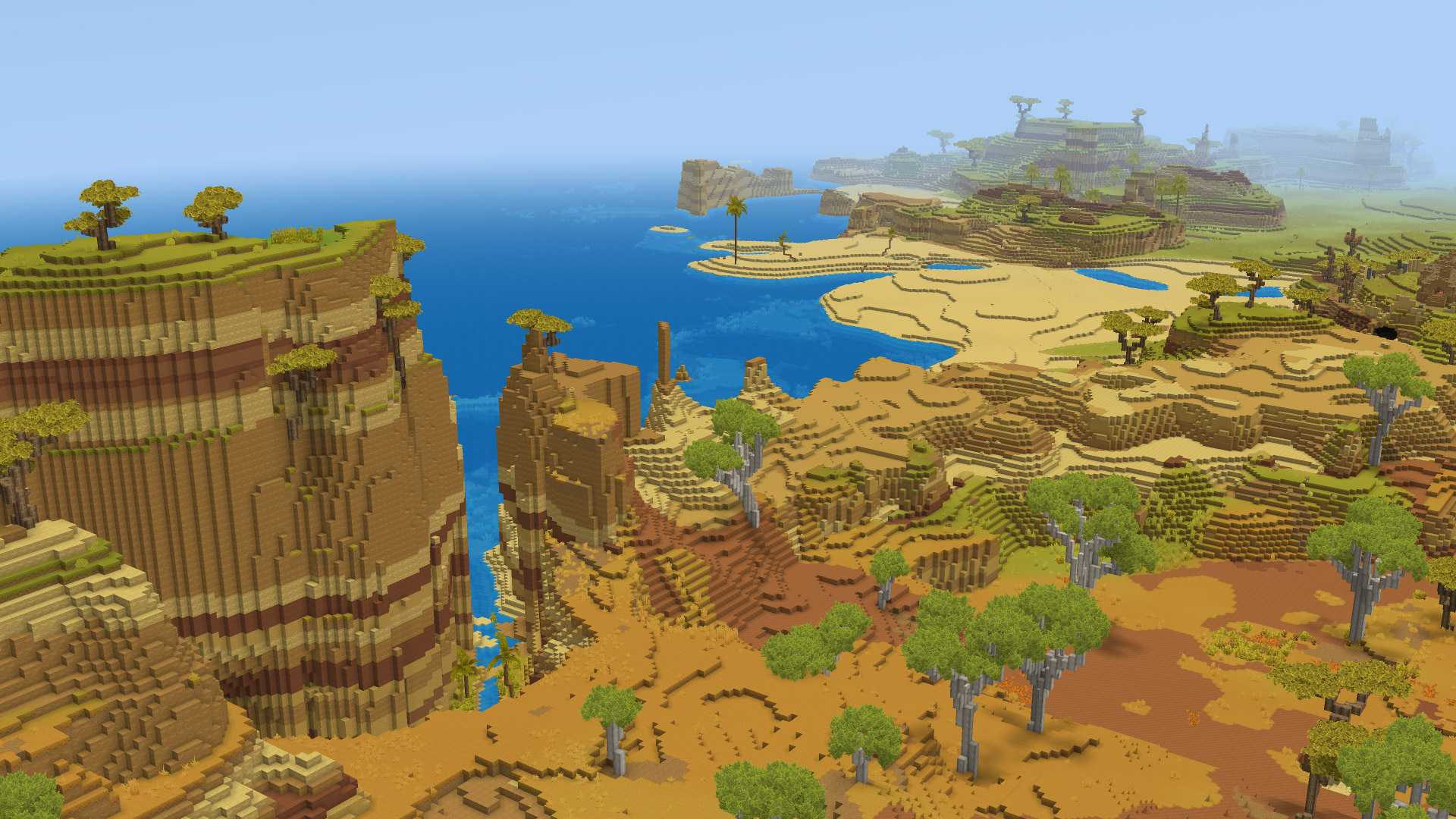 Voxel pixel-art Hytale video game landscape: expansive canyon and savanna mesas by a blue sea, HD PC desktop wallpaper.